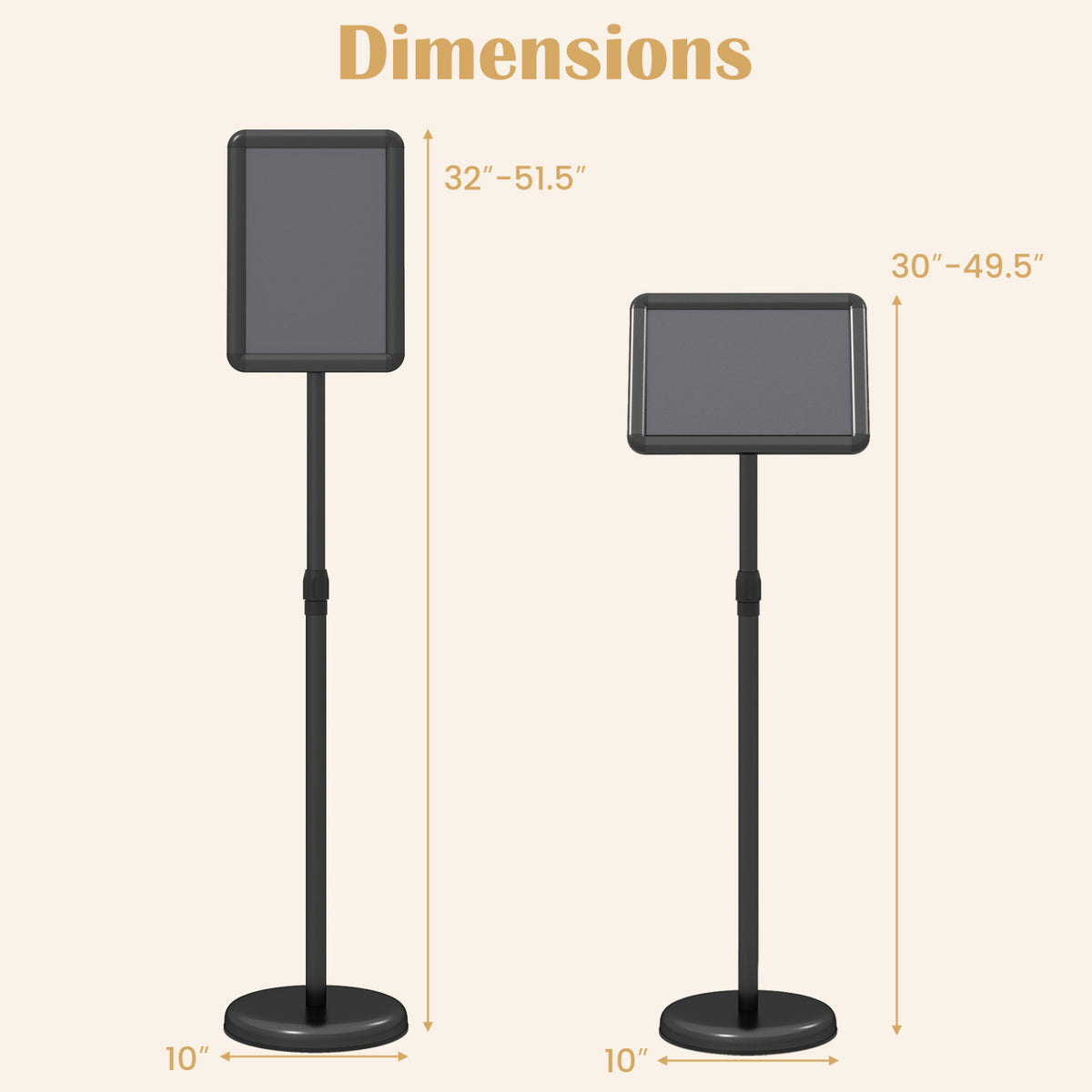 Black 8.5 x 11-inch sign holder stand with snap-open frame and 360° rotation, ideal for home office or furniture display.