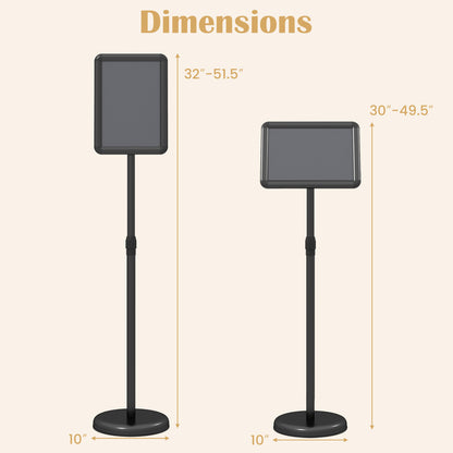 Black 8.5 x 11-inch sign holder stand with snap-open frame and 360° rotation, ideal for home office or furniture display.