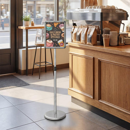 Black 8.5 x 11-inch sign holder stand with snap-open frame and 360° rotation, ideal for home office displays.