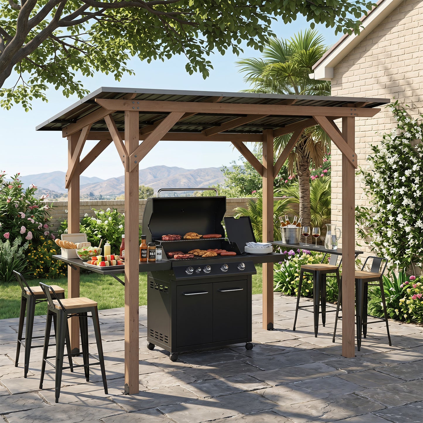 Cedar wood outdoor grill gazebo measuring 8.6 ft by 5 ft with two side serving shelves for outdoor cooking and shade.
