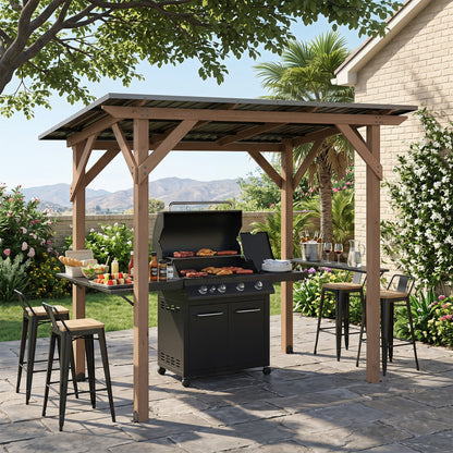 Cedar wood outdoor grill gazebo measuring 8.6 ft by 5 ft with two side serving shelves for outdoor cooking and shade.