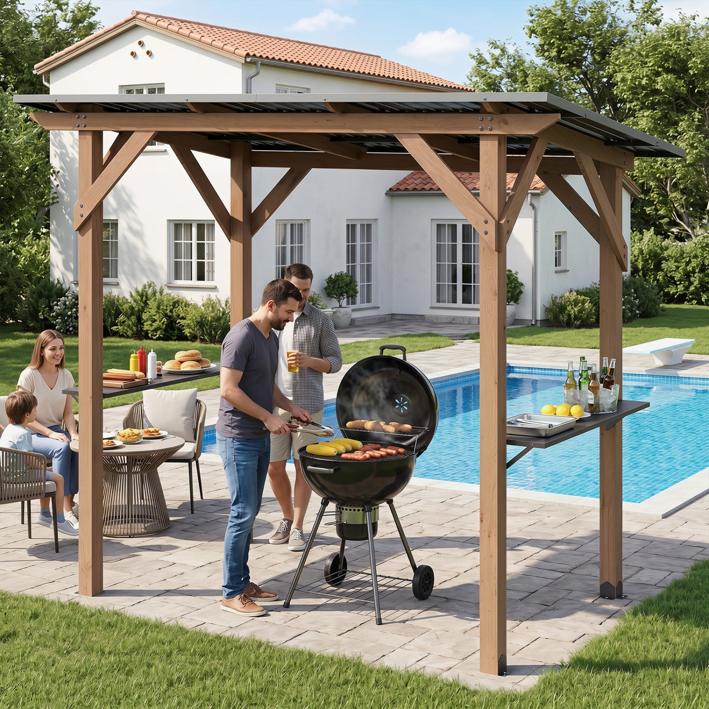 Cedar wood outdoor grill gazebo with two side serving shelves, measuring 8.6 ft by 5 ft, brown color for outdoor cooking.