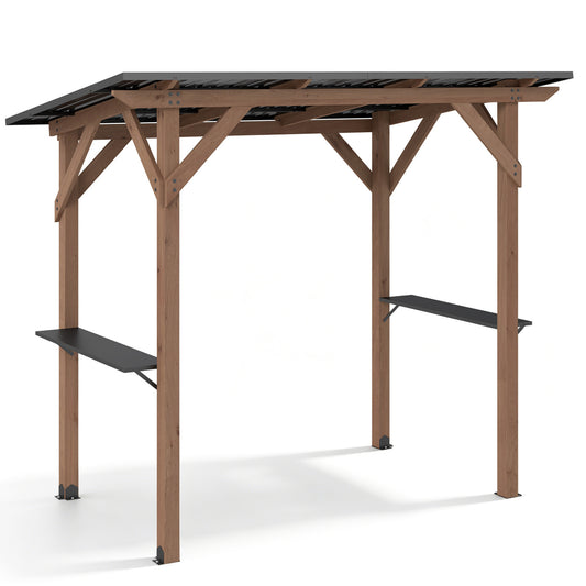 Cedar wood grill gazebo with 8.6 ft by 5 ft size, two side serving shelves, brown outdoor BBQ gazebo for shade and outdoor cooking.