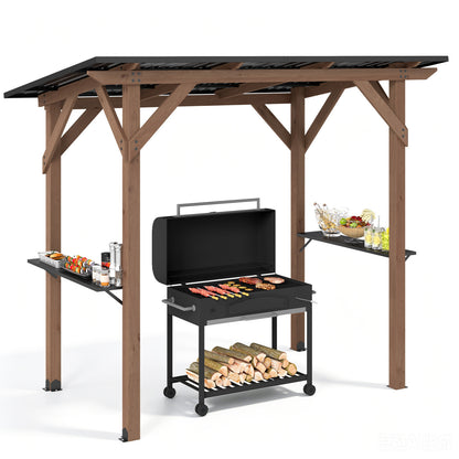 Cedar wood outdoor grill gazebo with two side shelves, 8.6 ft by 5 ft, brown, providing shaded outdoor cooking space