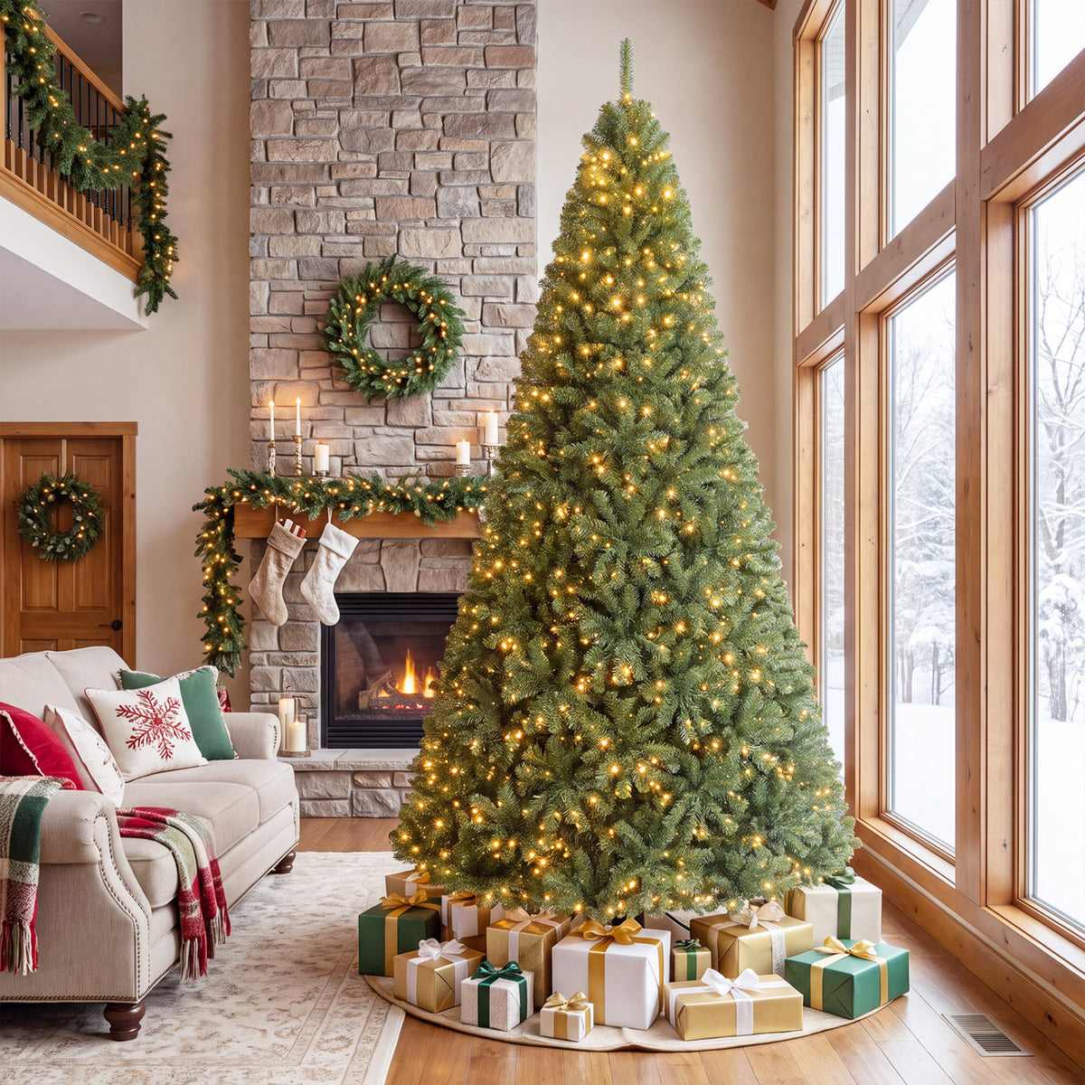 8/7/6/9/5/4 FT Artificial Christmas Tree with 2 Lighting Colors and Folding Metal Stand-XL