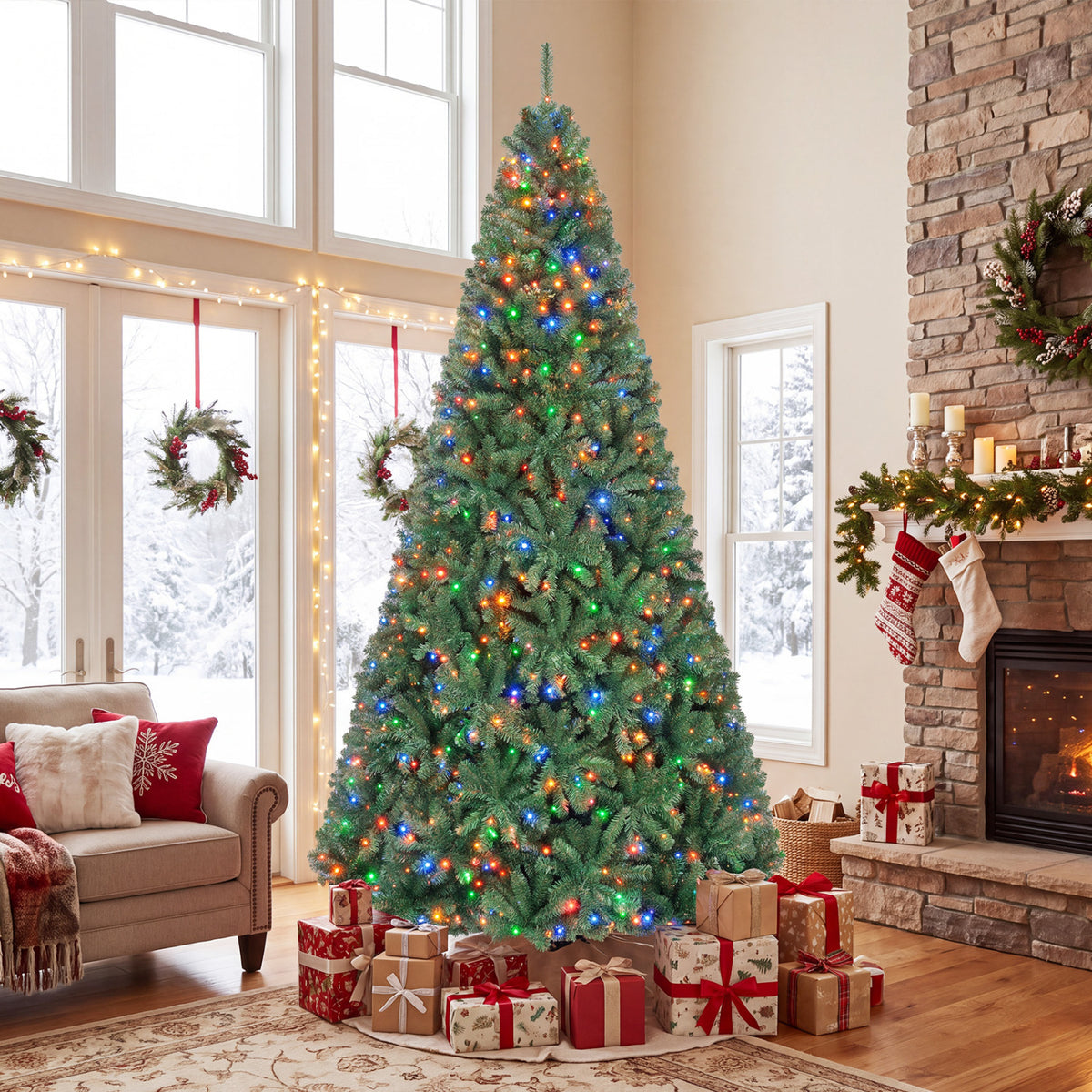 8/7/6/9/5/4 FT Artificial Christmas Tree with 2 Lighting Colors and Folding Metal Stand-XL