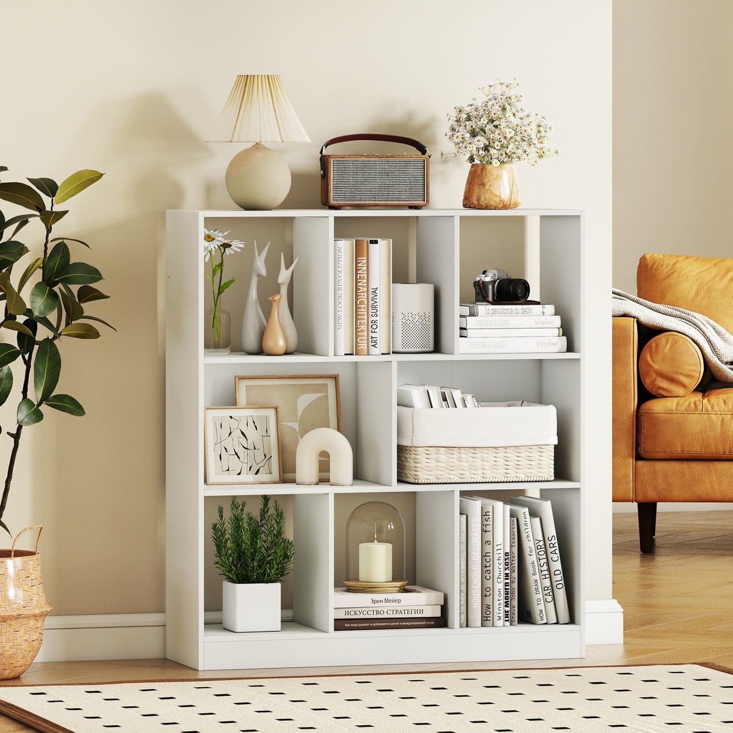 8-Cube Bookcase 3-Tier with 2-Sized Compartments and Anti-Tip Kits for Living Room-Rustic Brown