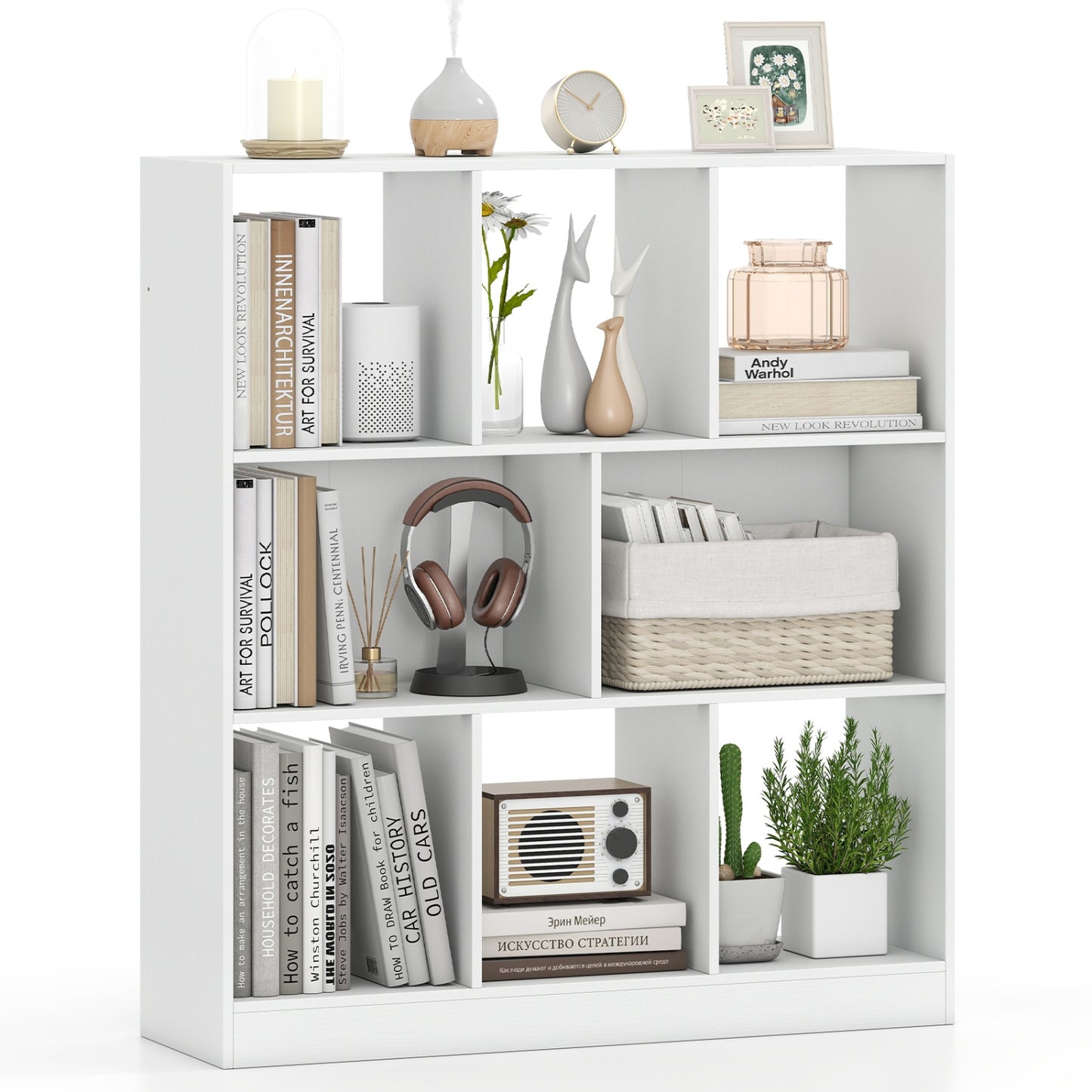 8-Cube Bookcase 3-Tier with 2-Sized Compartments and Anti-Tip Kits for Living Room-Rustic Brown