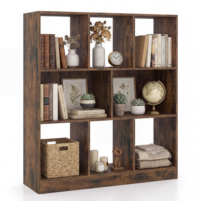 8-Cube Bookcase 3-Tier with 2-Sized Compartments and Anti-Tip Kits for Living Room-Rustic Brown