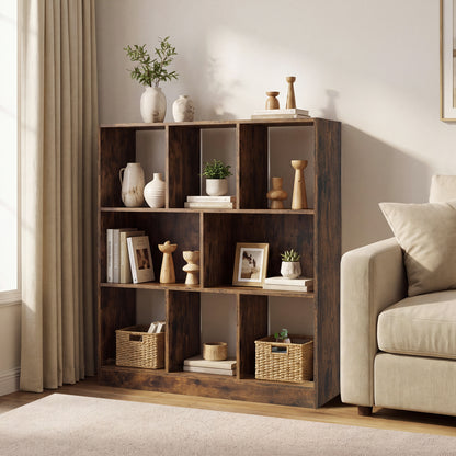 8-Cube Bookcase 3-Tier with 2-Sized Compartments and Anti-Tip Kits for Living Room-Rustic Brown