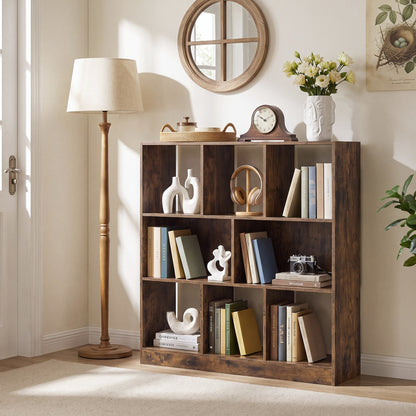 8-Cube Bookcase 3-Tier with 2-Sized Compartments and Anti-Tip Kits for Living Room-Rustic Brown