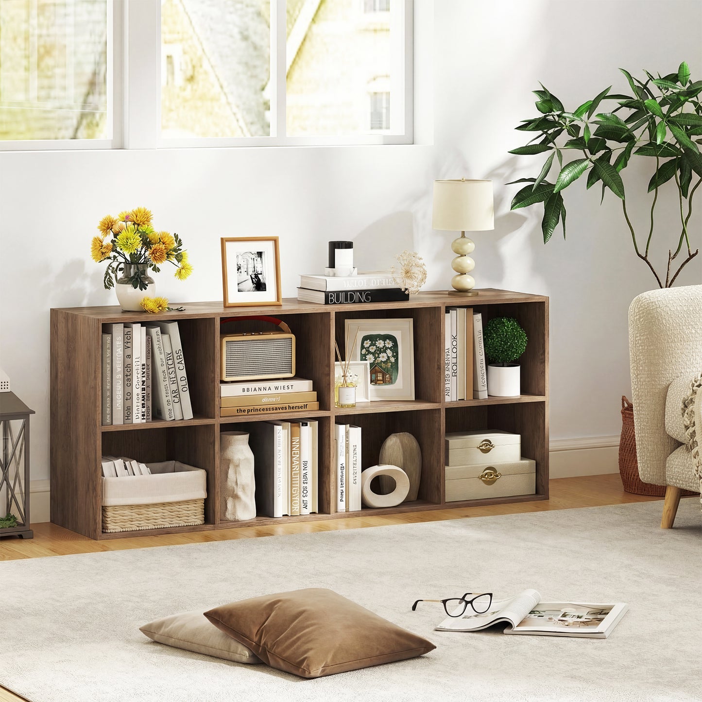 8-Cube Bookcase Bookshelf with 2 Anti-Tipping Kits Storage Organizer-Natural