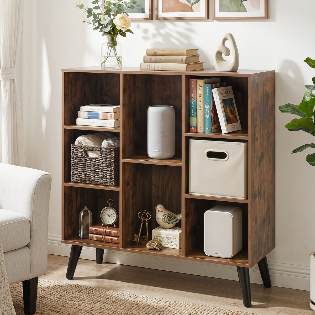 Rustic brown 8-cube bookcase with raised support legs, ideal for living room or home office storage, by Wilsons Home Store.