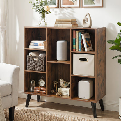 Rustic brown 8-cube bookcase with raised support legs, ideal for living room or home office storage, by Wilsons Home Store.