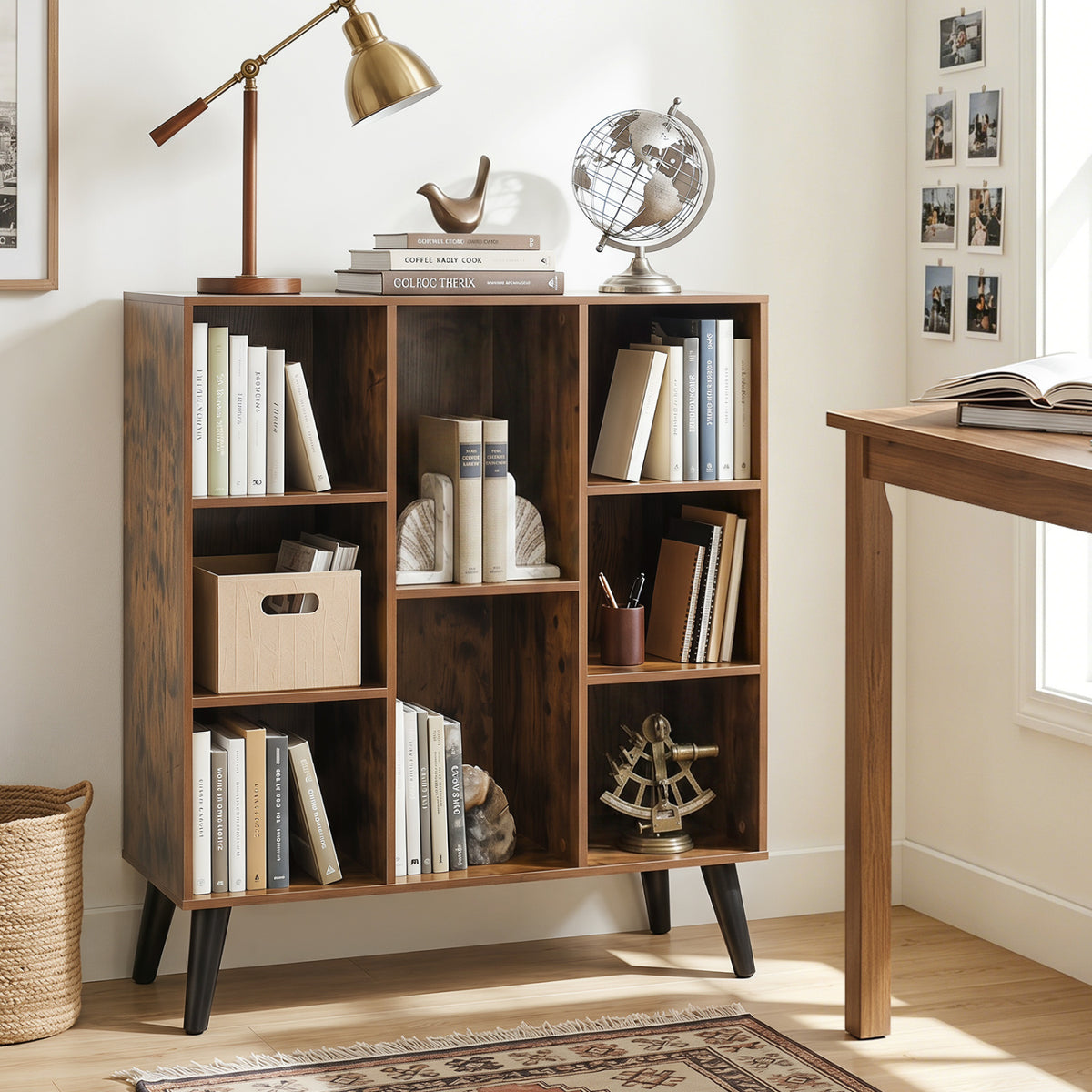 Rustic brown 8-cube bookcase with raised support legs, ideal for living room or home office storage, by Direct by Wilsons.
