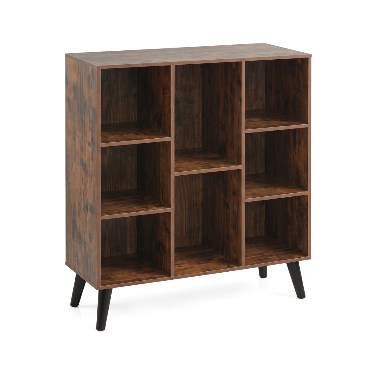 Rustic brown 8-cube bookcase with raised support legs, ideal for living room or home office storage.