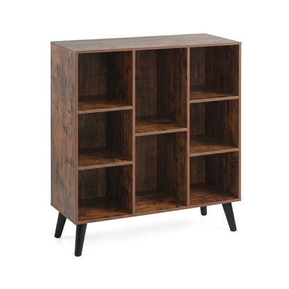 Rustic brown 8-cube bookcase with raised support legs, ideal for living room or home office storage.
