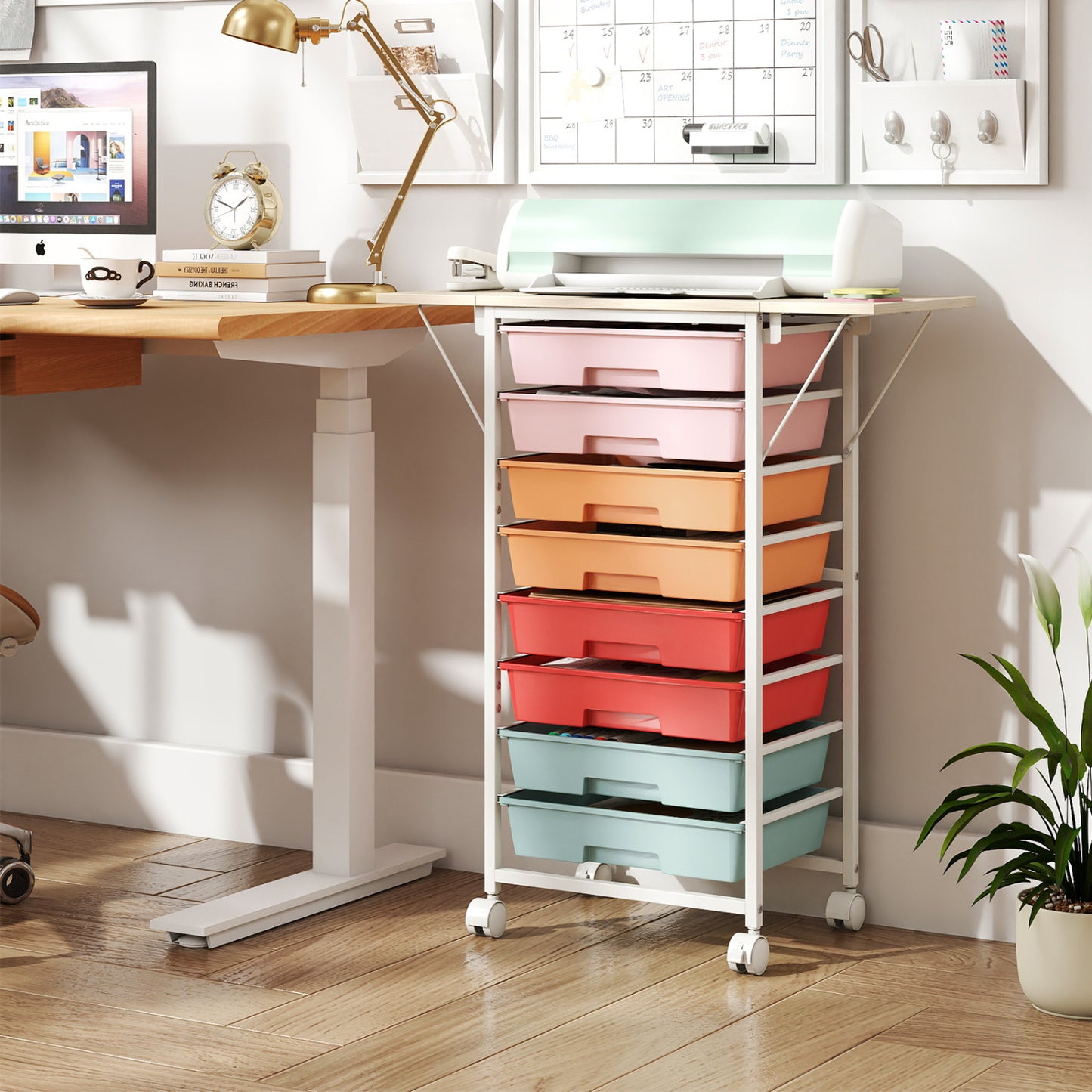 8-Drawer Rolling Cart with Wooden Tabletop and Folding Side Panels for Living Room-Macaron