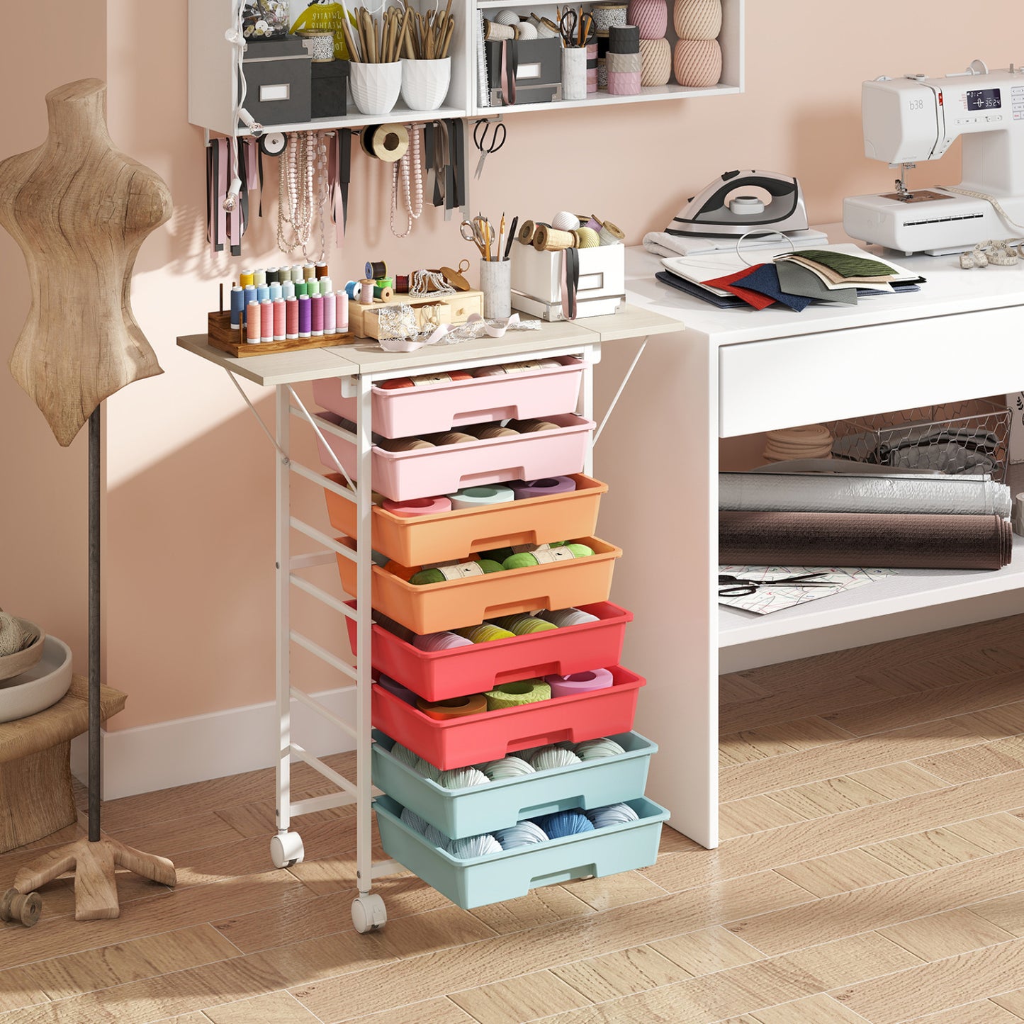 8-Drawer Rolling Cart with Wooden Tabletop and Folding Side Panels for Living Room-Macaron