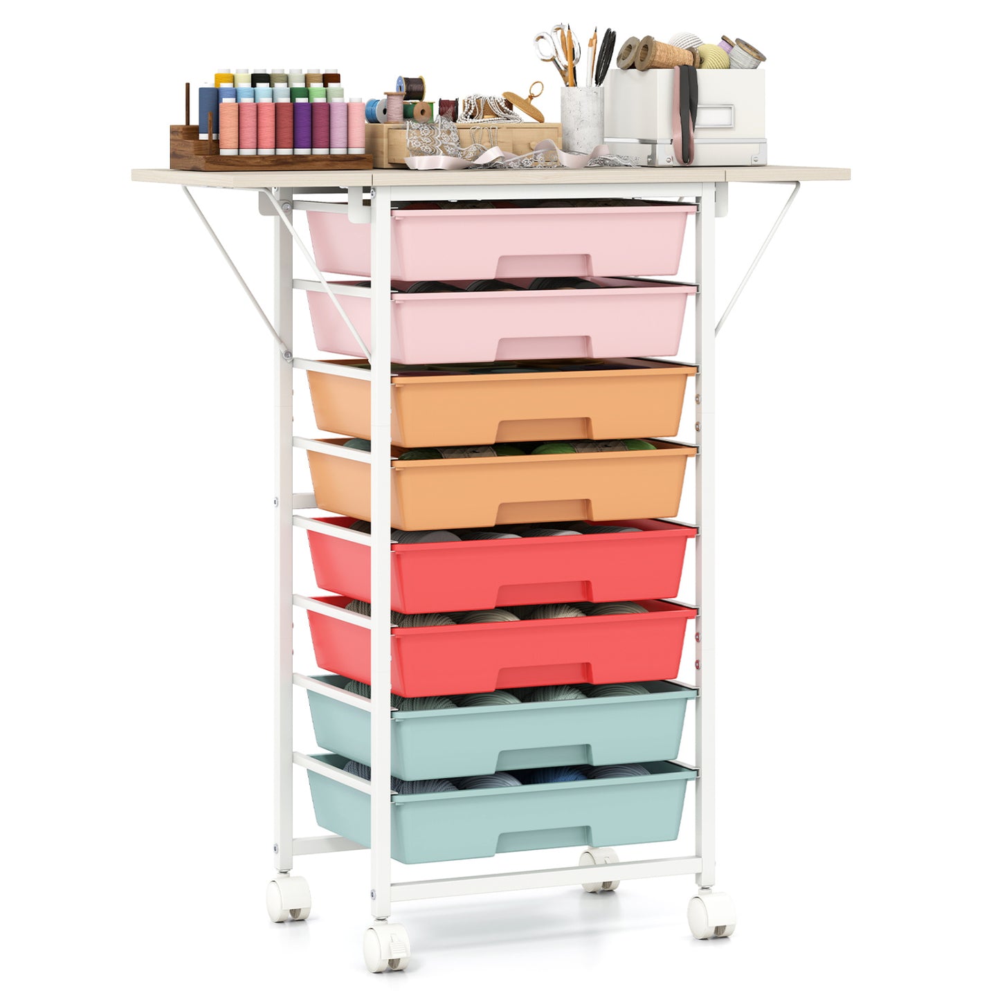 8-Drawer Rolling Cart with Wooden Tabletop and Folding Side Panels for Living Room-Macaron