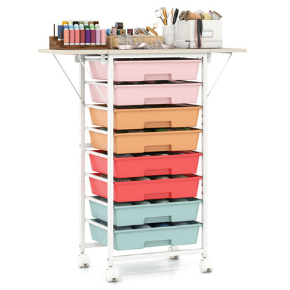 8-Drawer Rolling Cart with Wooden Tabletop and Folding Side Panels for Living Room-Macaron