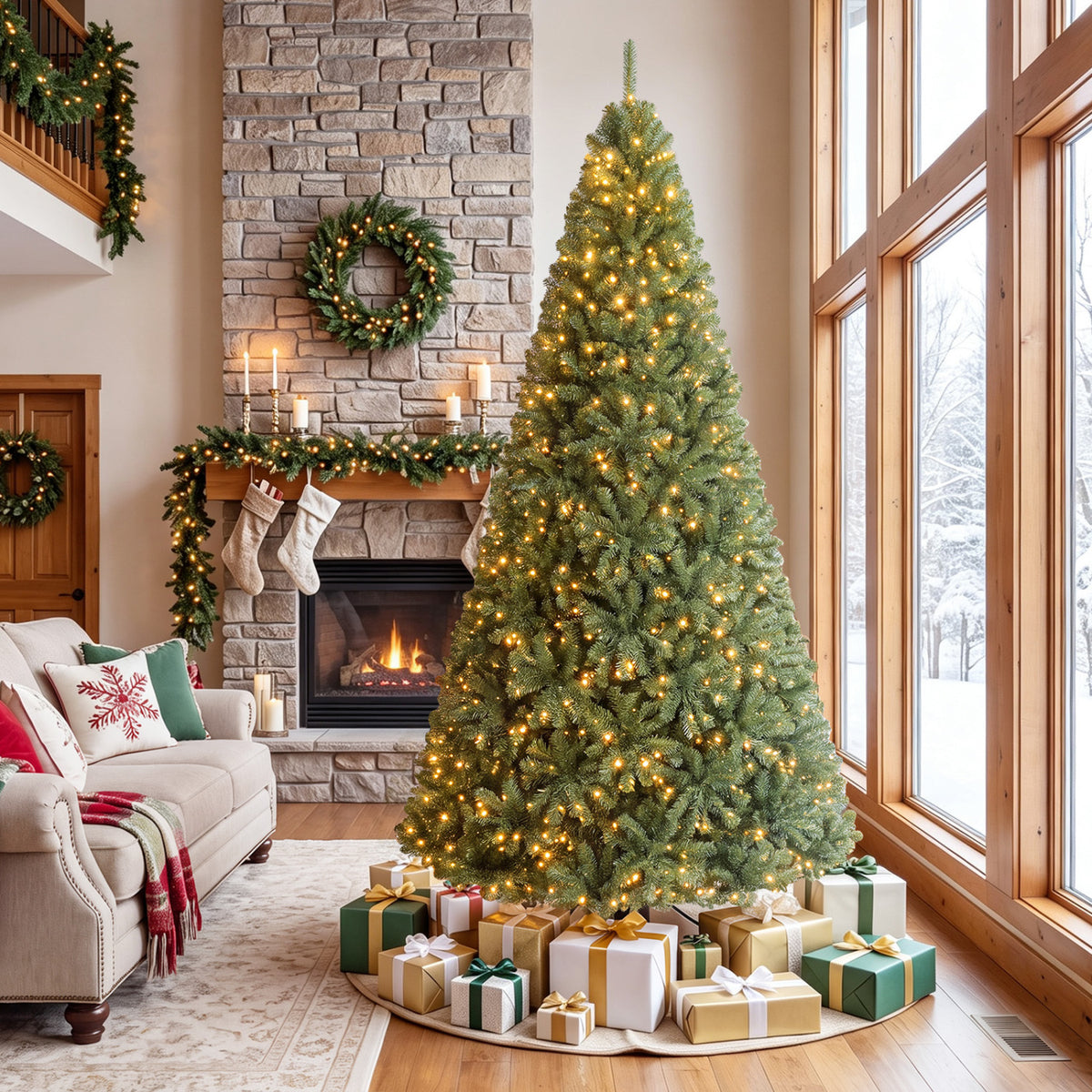 8 FT Artificial Christmas Tree with 2 Lighting Colors and Folding Metal Stand-L