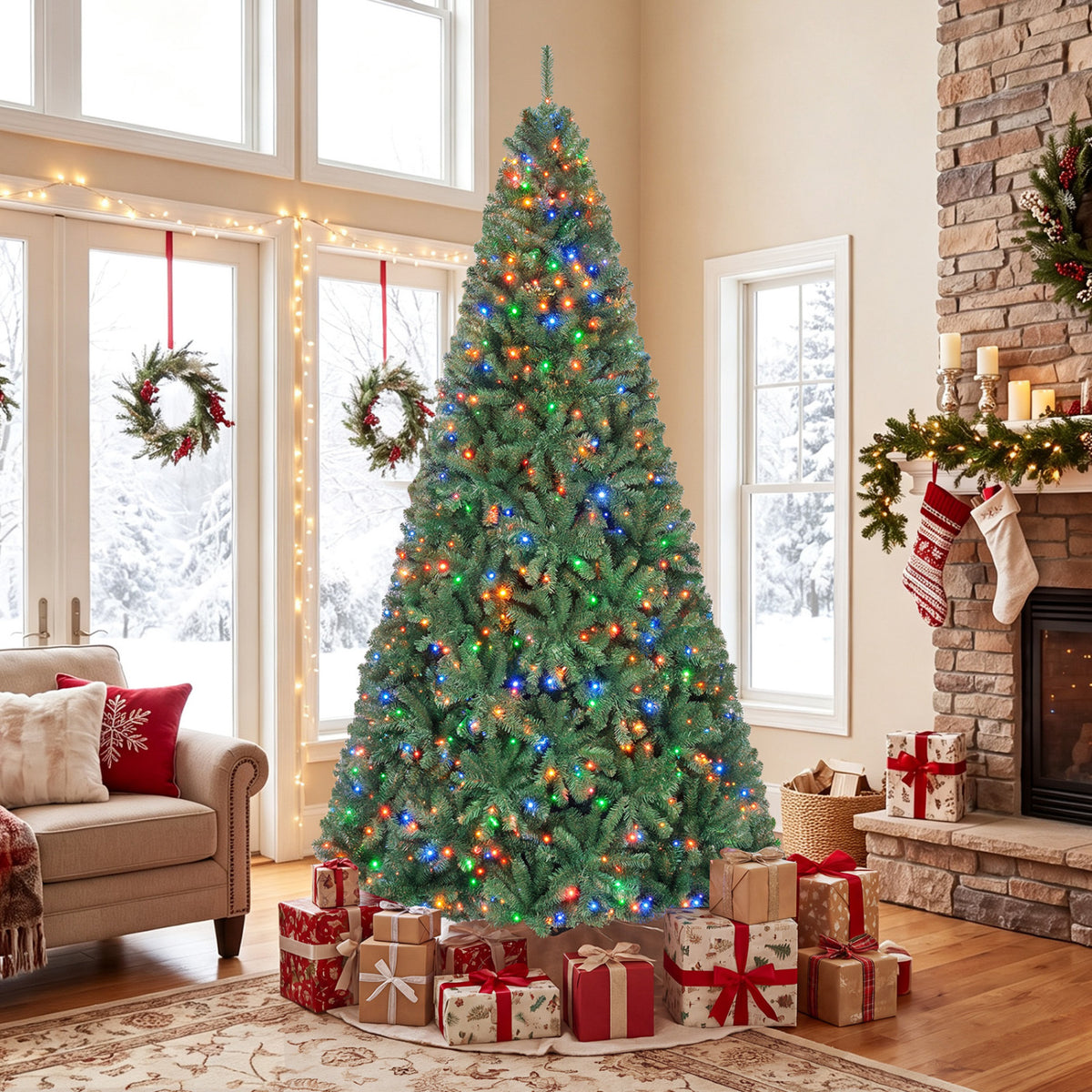 8 FT Artificial Christmas Tree with 2 Lighting Colors and Folding Metal Stand-L