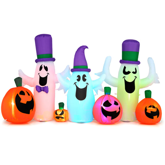 8-foot inflatable Halloween decor featuring cute ghosts and pumpkins with built-in RGB LED lights for festive outdoor decoration