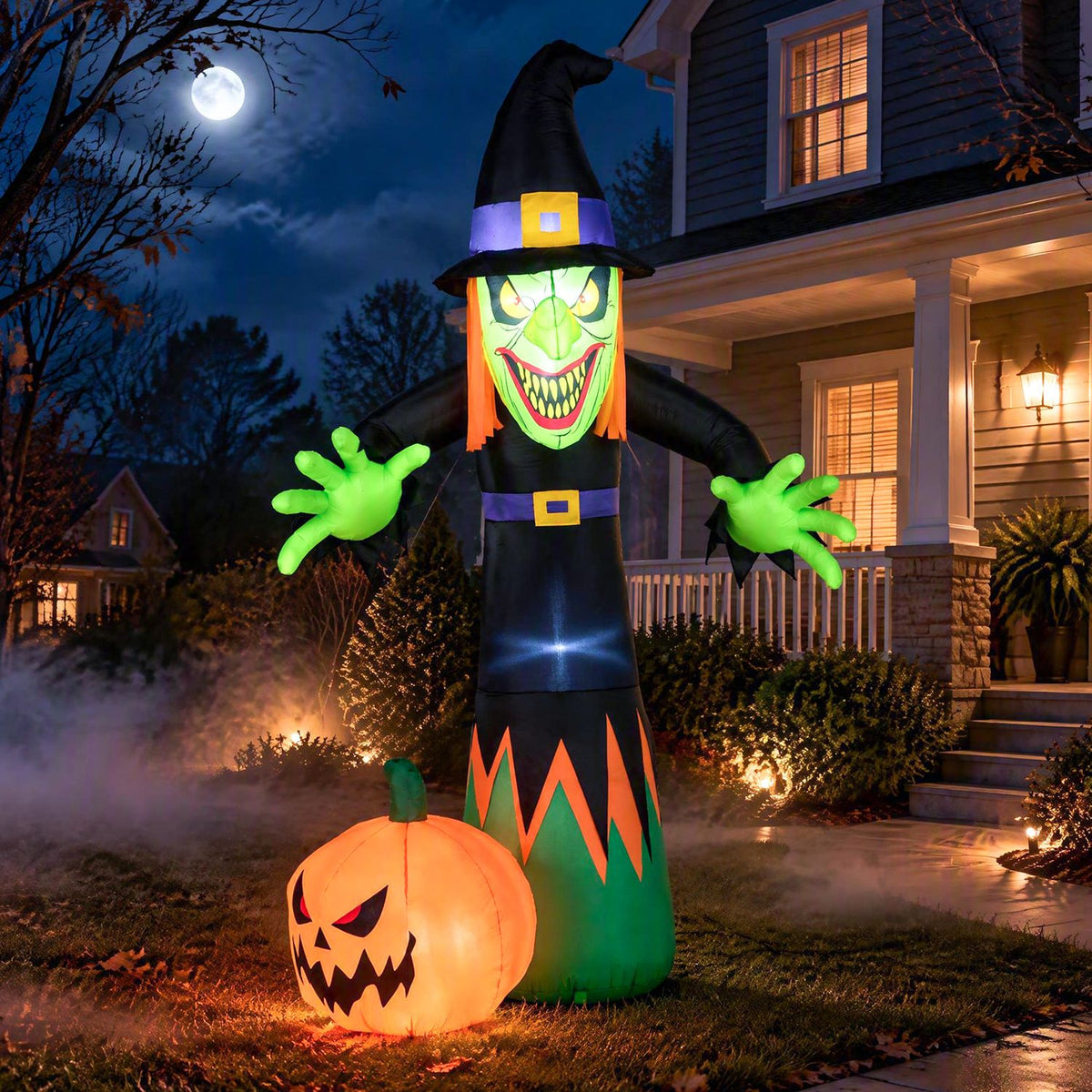 8 FT Halloween Inflatable Witch and Pumpkin with Built-in LED Lights for Holiday
