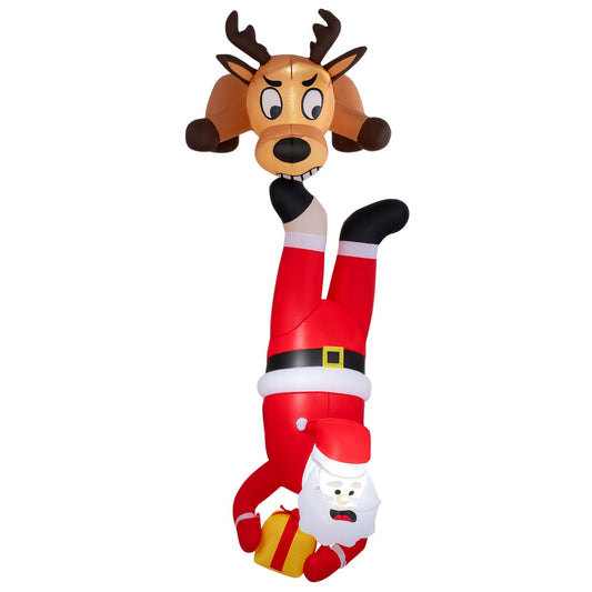 8-foot inflatable Christmas Santa and reindeer hanging on roof, holiday decor by Wilsons Home Store, festive outdoor Christmas inflatable
