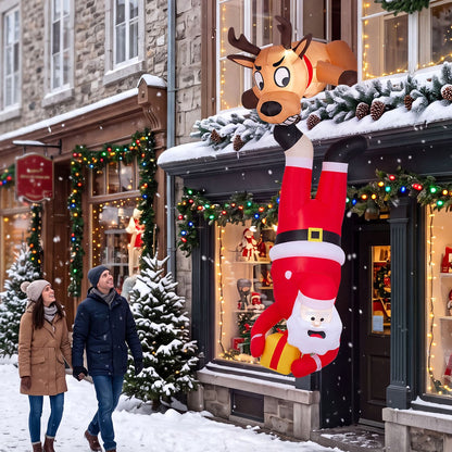 8 FT Inflatable Roof Hanging Christmas Funny Xmas Blow up Climbing Santa Claus and Reindeer