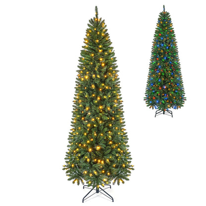 8-foot pre-lit artificial Christmas tree with warm white and multi-color LED lights, ideal for holiday decor.