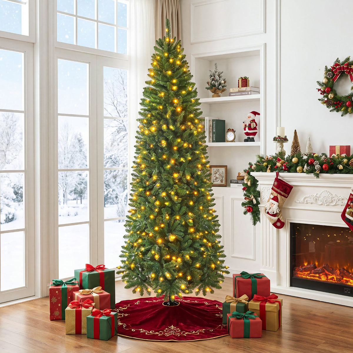 8-foot pre-lit artificial Christmas tree with warm white and multi-color LED lights, decorated for holiday celebration.