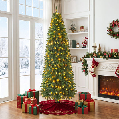 8-foot pre-lit artificial Christmas tree with warm white and multi-color LED lights, decorated for holiday celebration.