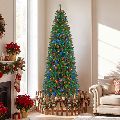 8-foot pre-lit artificial Christmas tree with warm white and multi-color LED lights, ideal for holiday decor.