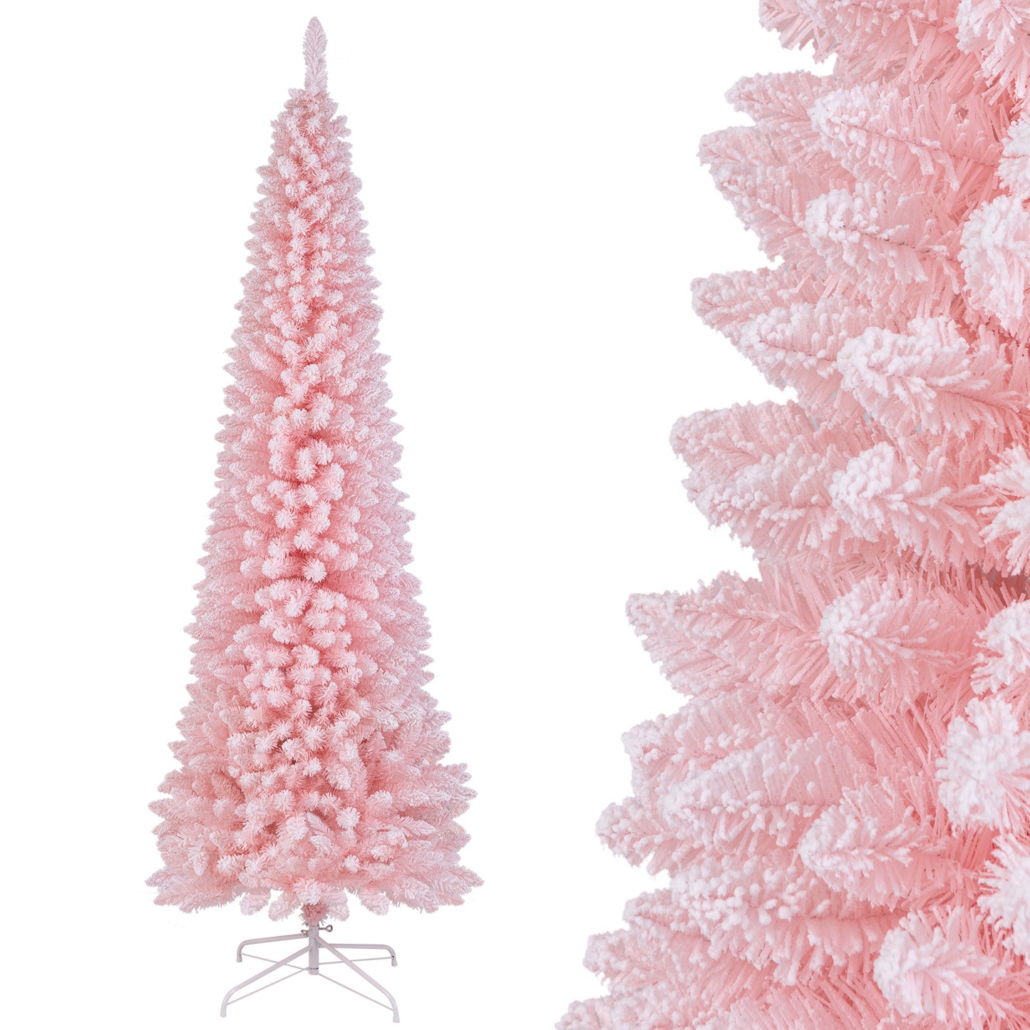 8 Feet Snow Flocked Artificial Pink Xmas Tree with 1000 Branch Tips-8 ft