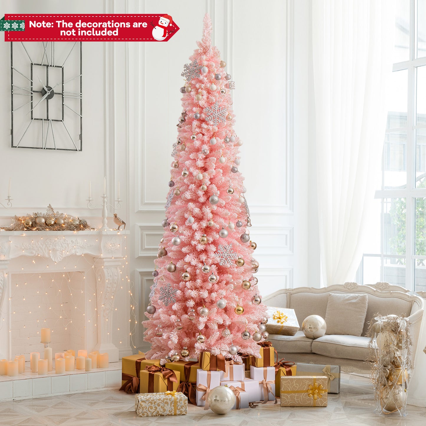 8 Feet Snow Flocked Artificial Pink Xmas Tree with 1000 Branch Tips-8 ft