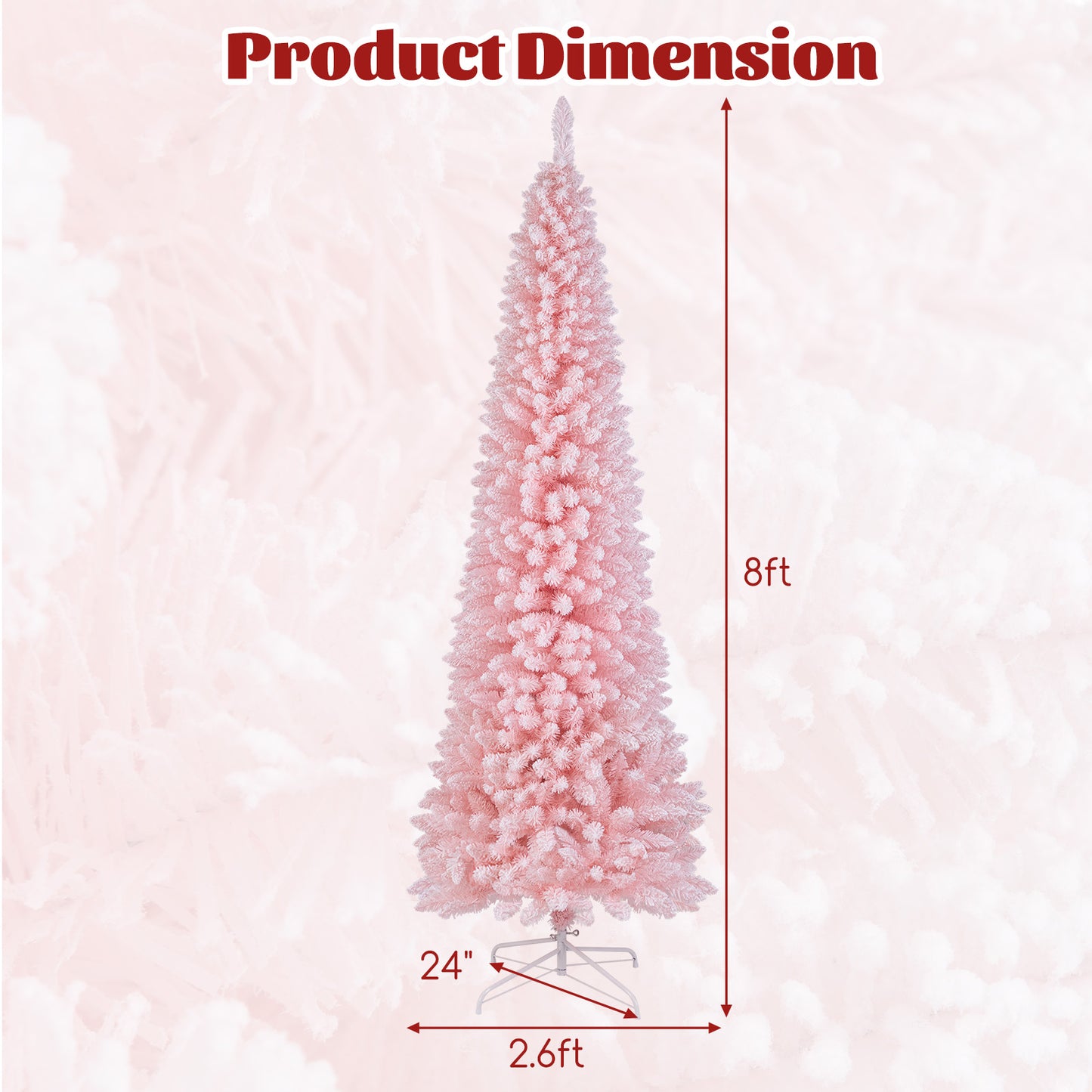 8 Feet Snow Flocked Artificial Pink Xmas Tree with 1000 Branch Tips-8 ft