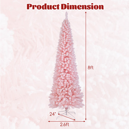 8 Feet Snow Flocked Artificial Pink Xmas Tree with 1000 Branch Tips-8 ft