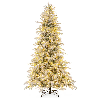7 Feet Snow-flocked Artificial Christmas Tree Pre-lit Hinged Xmas Tree with Warm White LED Lights