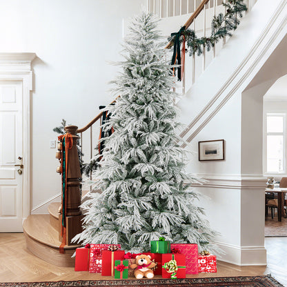 7 Feet Snow-flocked Artificial Christmas Tree Pre-lit Hinged Xmas Tree with Warm White LED Lights