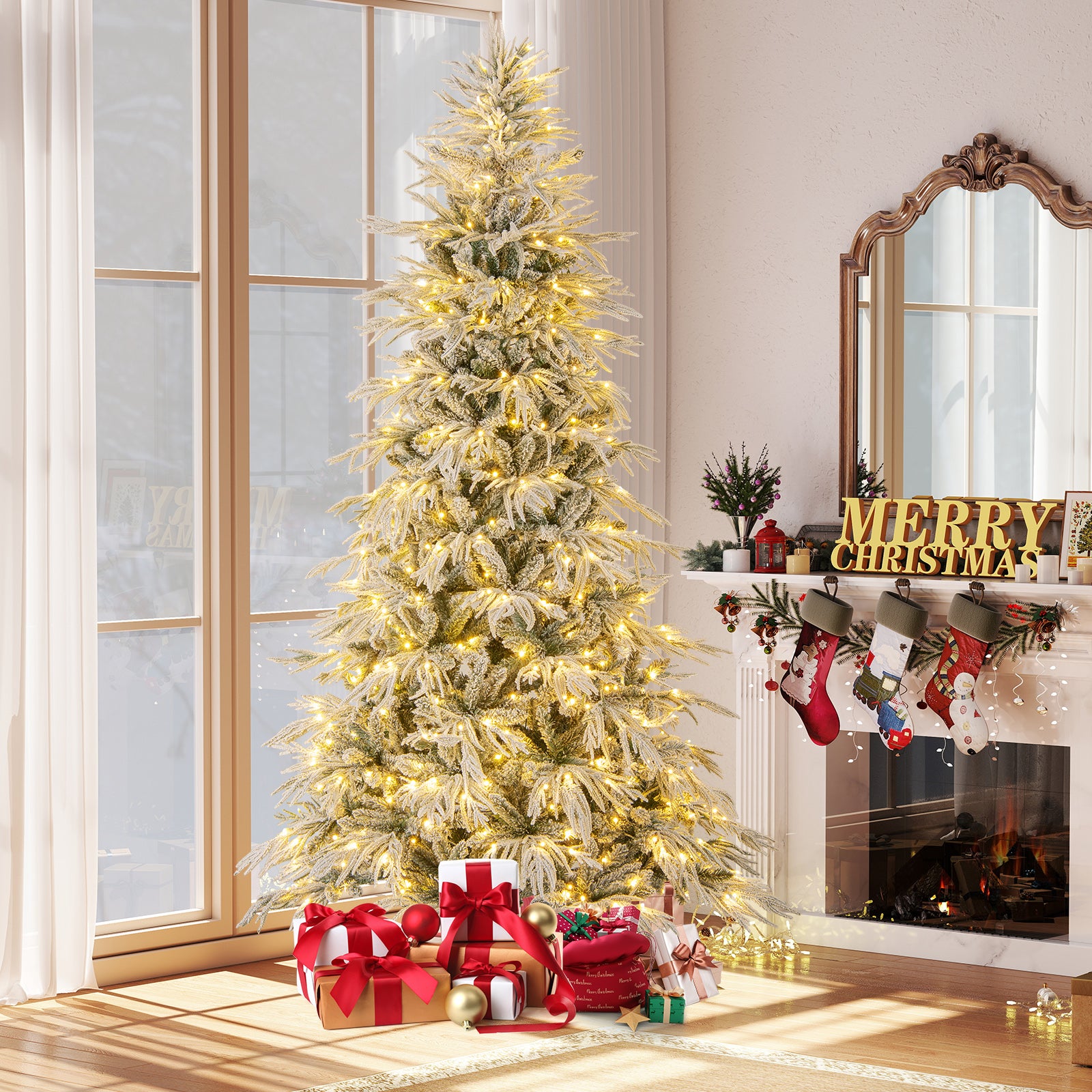 8-foot snow-flocked artificial Christmas tree with warm white LED lights, pre-lit holiday decor by Wilsons Home Store