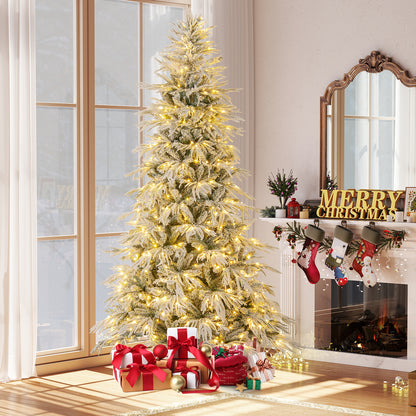 8-foot snow-flocked artificial Christmas tree with warm white LED lights, pre-lit holiday decor by Wilsons Home Store