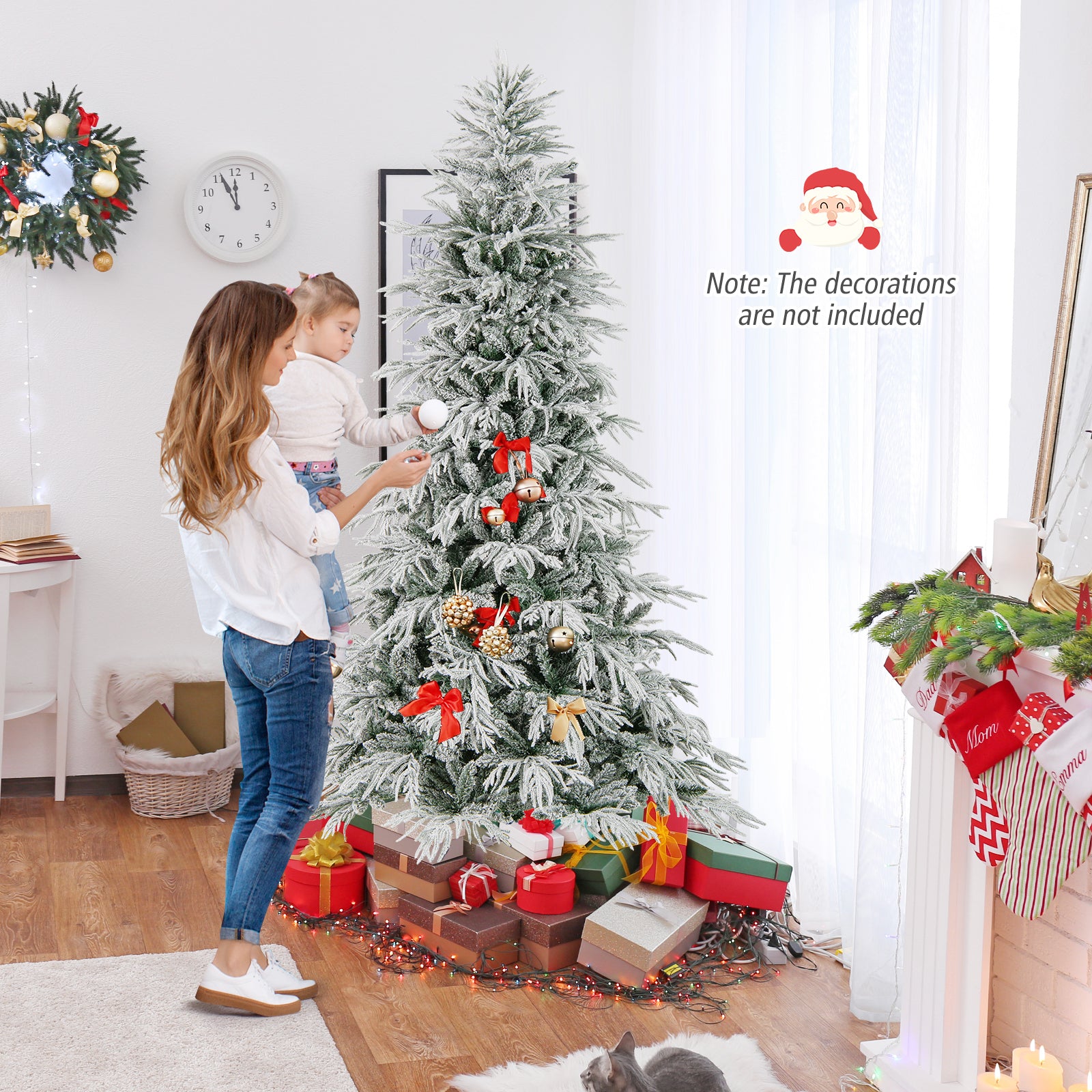 8-foot snow-flocked artificial Christmas tree with warm white LED lights, pre-lit hinged design for holiday decorating.