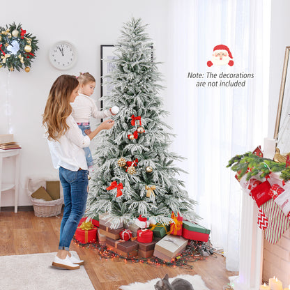 8-foot snow-flocked artificial Christmas tree with warm white LED lights, pre-lit hinged design for holiday decorating.