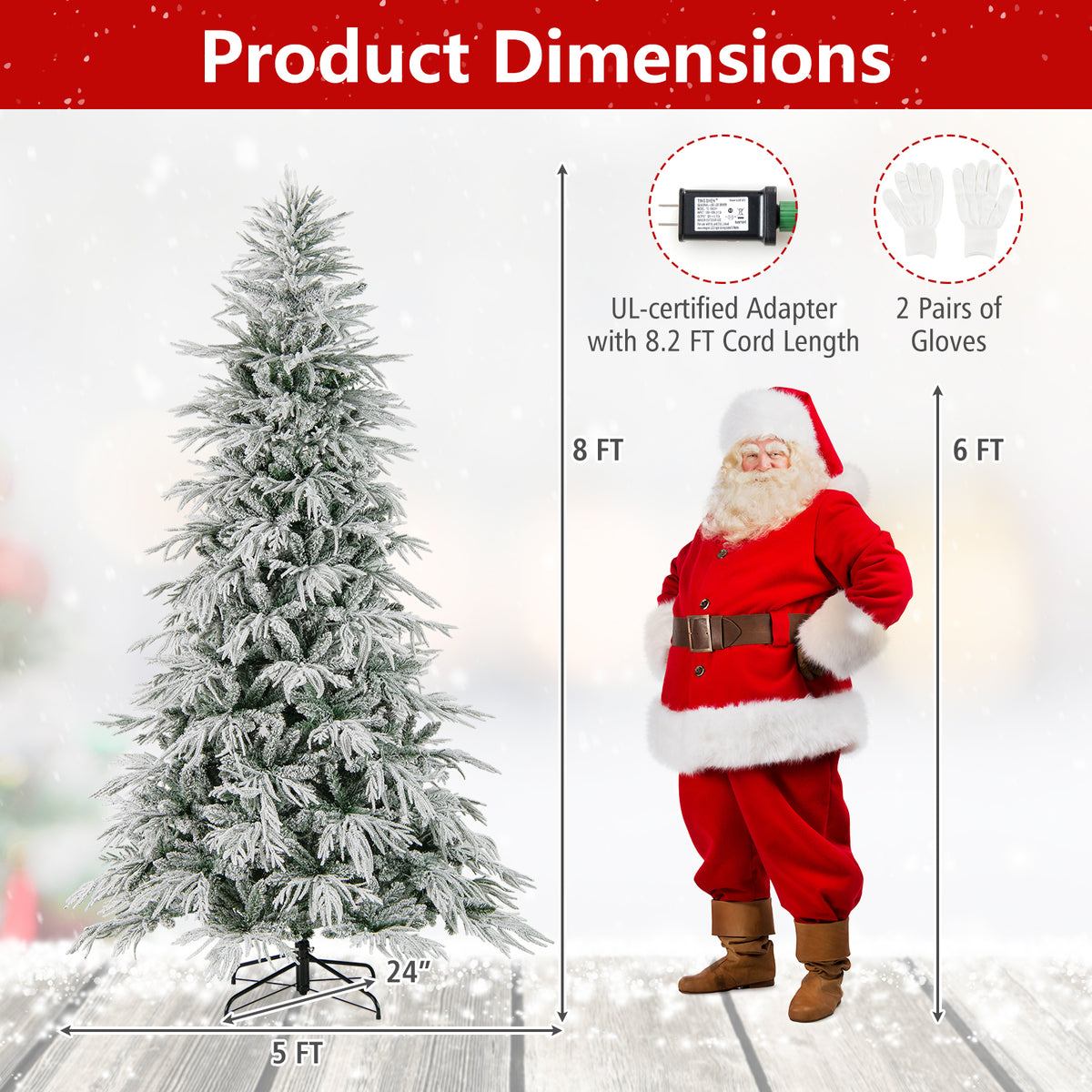 8-foot snow-flocked artificial Christmas tree with warm white LED lights and hinged construction, perfect for holiday decor.