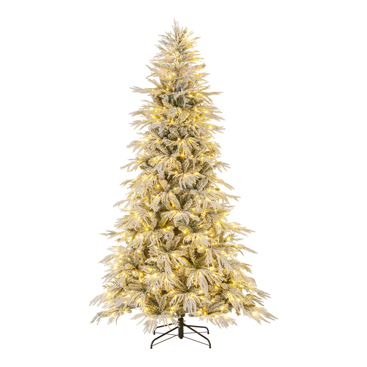 8-foot snow-flocked artificial Christmas tree with warm white LED lights, pre-lit holiday decor with hinged branches for easy setup