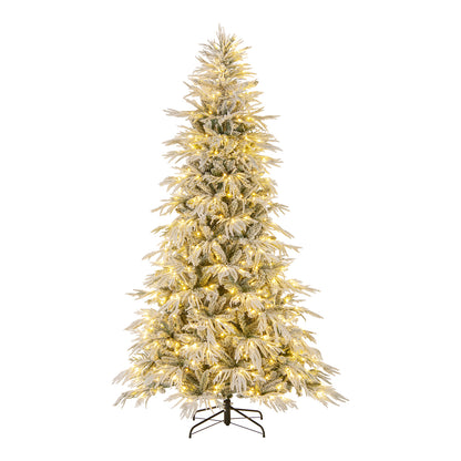 8-foot snow-flocked artificial Christmas tree with warm white LED lights, pre-lit holiday decor with hinged branches for easy setup