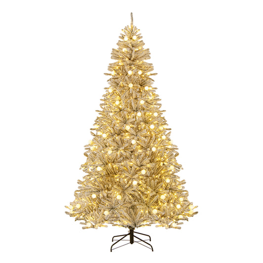 8 Feet Snow-flocked Artificial Christmas Tree Pre-lit Hinged with 81 Sphere Lights and Remote
