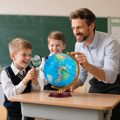 8 Inch Illuminated World Globe Night Light up Globe Lamp with Wooden Stand and HD Map-Blue